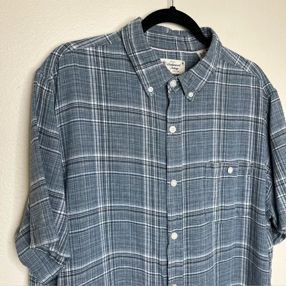Weatherproof Vintage Linen Blend Blue Plaid Short Sleeve Button Front Men XL